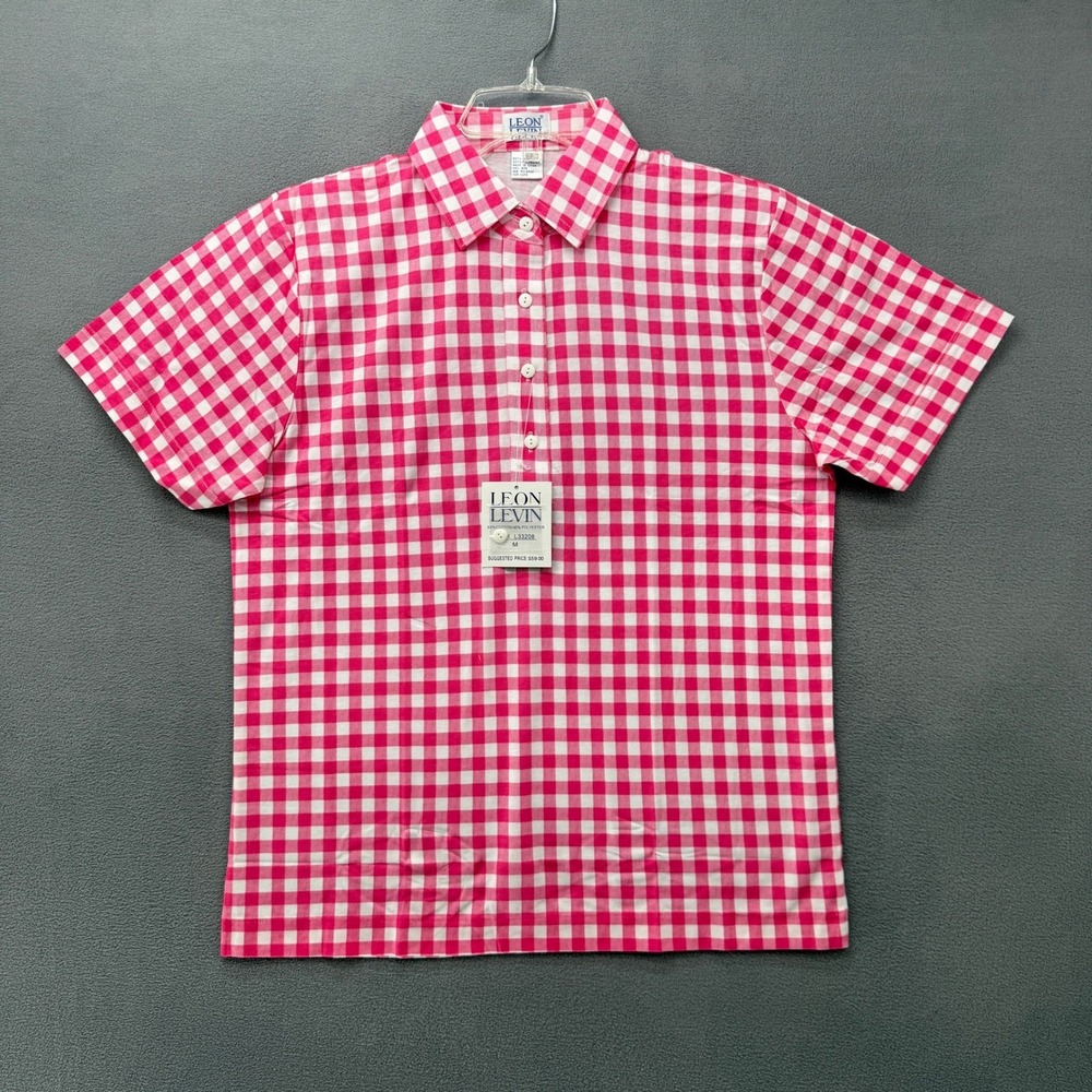 Leon Levin Polo Shirt Womens Medium Pink Gingham Check Short Sleeve Preppy NEW